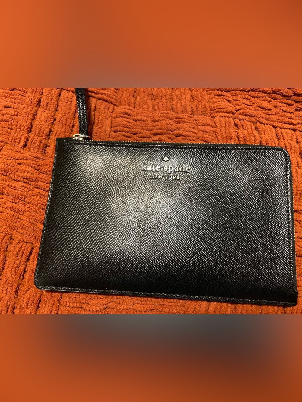 Kate Spade Black Saffiano Leather Wristlet with Silver Logo